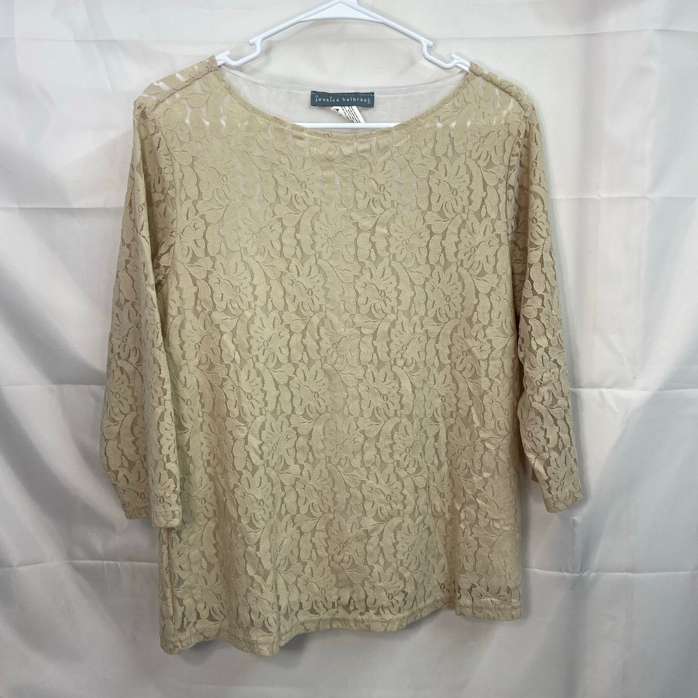 Jessica Holbrook women's tan lined lace crewcut stretch floral neutral blouse‎ M